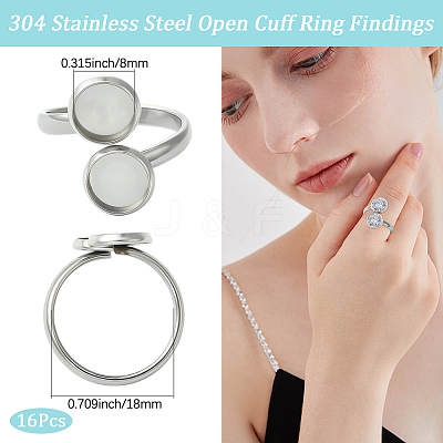16Pcs 304 Stainless Steel Cuff Rings Components STAS-BBC0008-16-1
