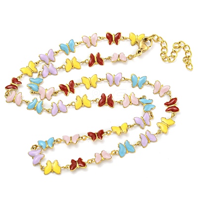 304 Stainless Steel Colorful Enamel Butterfly Link Chain Necklaces NJEW-P315-05G-1