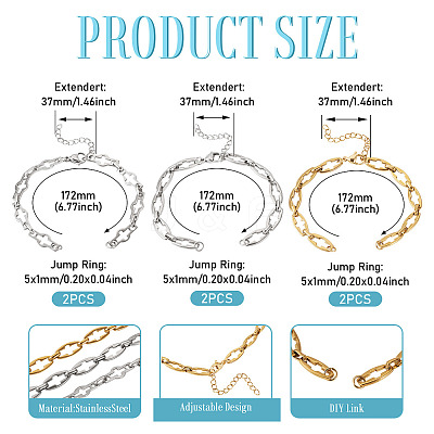 6Pcs 3 Style 304 Stainless Steel Cross Link Chain Bracelet Making AJEW-TA00051-1