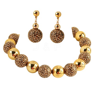 Alloy & Wood & CCB Plastic Round Beaded Necklaces & Stud Dangle Earrings Sets FS-WGB5D6A-02-1