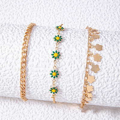 Alloy Green Enamel Flower Tassel 3 Layer Anklets for Women FS-WG5D6F4-01-1