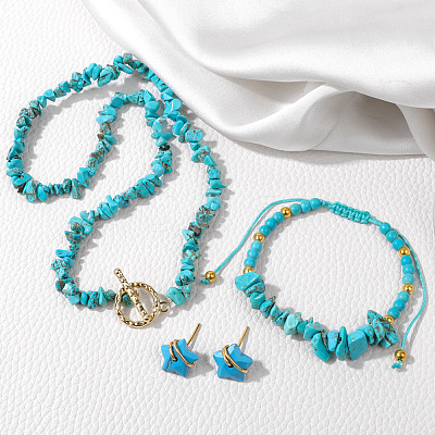 Synthetic Turquoise Chip with 304 Stainless Steel Beaded Necklace & Braided Bead Bracelet & Star Stud Earring FS-WG0BBF5-02-1
