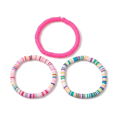 3Pcs 3 Colors Polymer Clay Disc Beaded Stretch Bracelet Sets BJEW-JB10439-02-1
