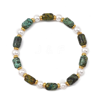 Natural Sunstone/Natural Strawberry Quartz/Natural African Turquoise(Jasper)/Natural Bronzite/Natural Mookaite & Shell Pearl & Brass Beads Stretch Bracelets for Women BJEW-JB13864-1