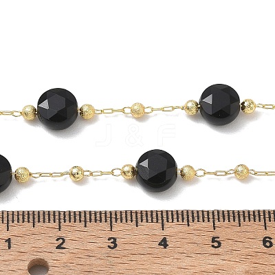 Natural Black Onyx(Dyed & Heated) Faceted Flat Round Beaded Chain Necklaces with Matte Brass Beads GG-CBA37F5-01G-11-1