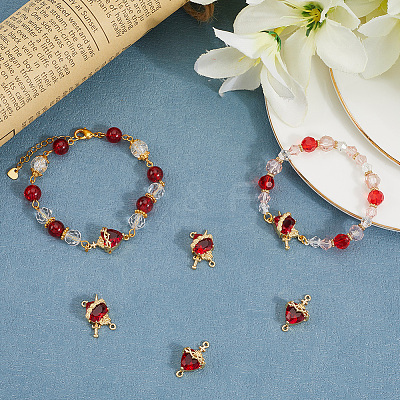 6Pcs 2 Styles Brass FireBrick Cubic Zirconia Rose Heart with Sword/Sacred Heart of Jesus Connector Charms KK-BBC0020-10-1