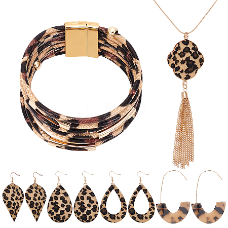 Leopard Print Alloy Pendant Necklaces & Earrings & Bracelet Sets SJEW-WH0020-03C-1