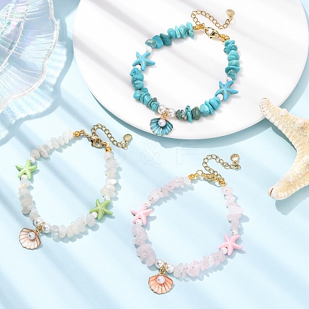 3Pcs Natural Moonstone & Rose Quartz & Synthetic Turquoise Chips & Shell Pearl Beads Bracelets Sets BJEW-JB12413-1