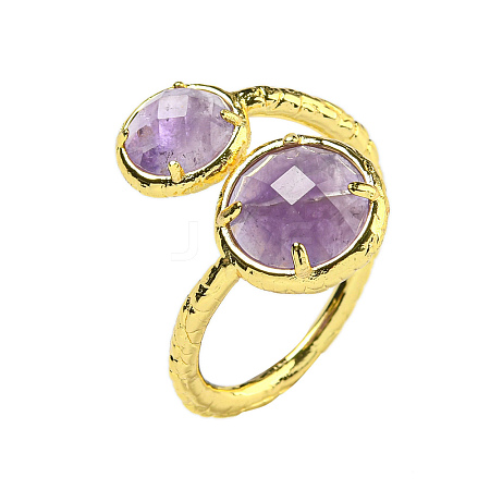 Round Natural Amethyst Open Cuff Rings RJEW-C087-02G-03-1