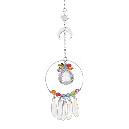 Round Glass & Acrylic & 201 Stainless Steel Sun Moon Hanging Suncatchers HJEW-JM04657-1