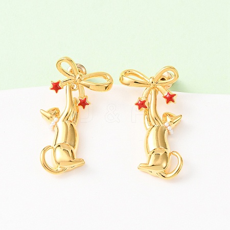 Bowknot with Cat Shape Brass Enamel Dangle Stud Earrings EJEW-F401-02G-1