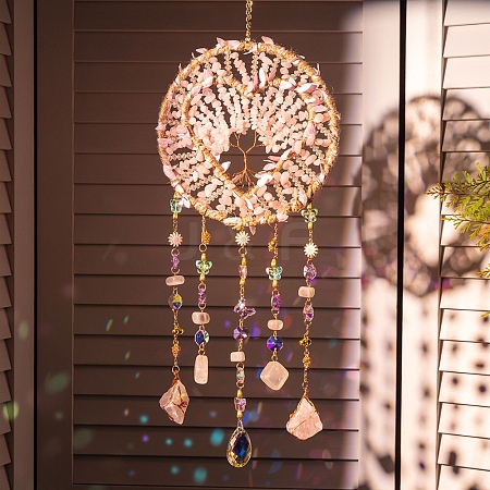 Heart Natural Gemstone Chips Hanging Suncatchers RN-CBA387D-04G-01-1