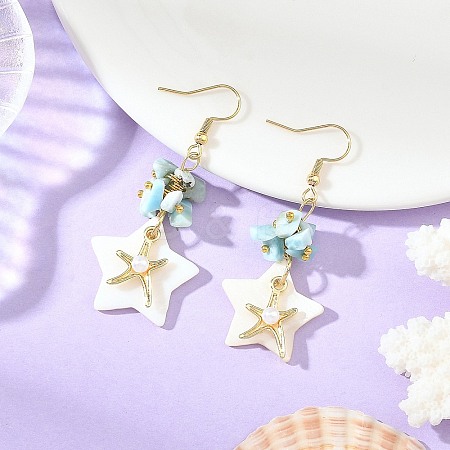 Natural Larimar & Natural Freshwater Shell & Alloy Dangle Earring for Women EJEW-JE07403-1