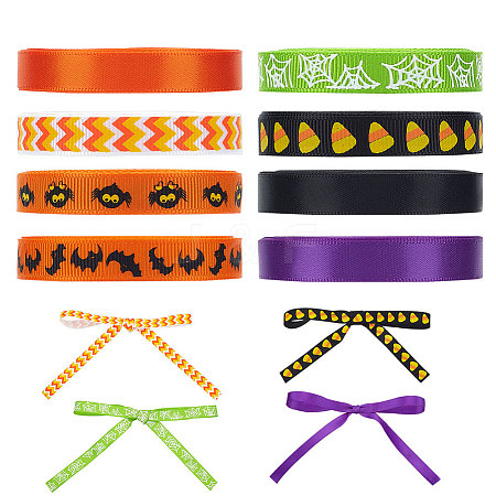 8Rolls 8 Colors Halloween Polyester Printed Grosgrain Ribbon OCOR-PH0004-26-1
