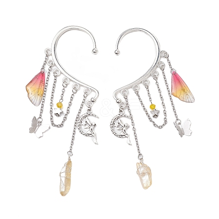 Wing Resin & Natural Quartz Crystal Points Beaded Dangle Earrings EJEW-TA00522-1