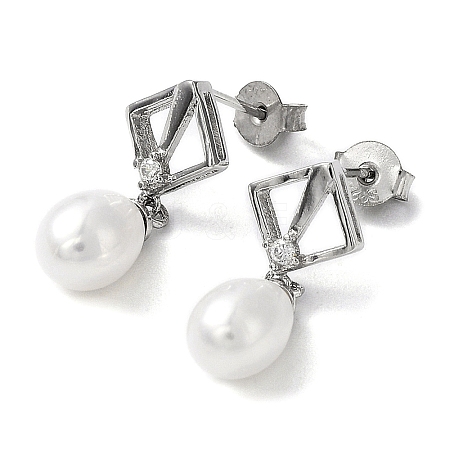 Anti-Tarnish Cubic Zirconia Rhombus with Natural Pearl Dangle Stud Earrings EJEW-F318-19P-1