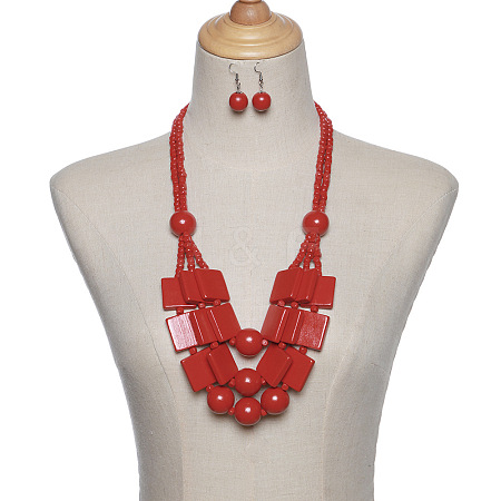 Wood Rectangle & Round Beaded Multilayer Necklaces & Dangle Earrings Sets FS-WG1E68D-03-1