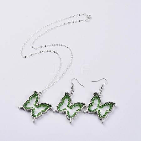  Jewelry Beads Findings Glass Dangle Earring & Pendant Necklace Jewelry Sets, with Silver Plated Brass Cable Chain, Rack Plating Alloy Open Back Bezel Pendants and Brass Earring Hooks, Butterfly, Green, 17.99"(45.7cm); 55mm; Pin: 0.6mm