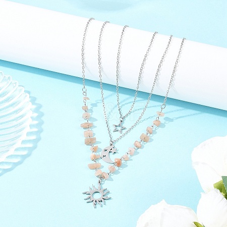 201 Stainless Steel Sun Moon Star Pendant Natural Sunstone & 304 Stainless Steel Link Chain 3 Layer Necklaces for Women NJEW-JN05470-01-1