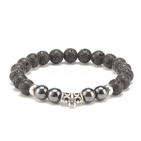 Natural Lava Rock & Synthetic Hematite Stretch Bracelet with Alloy Tube Beaded BJEW-JB08319-02-1