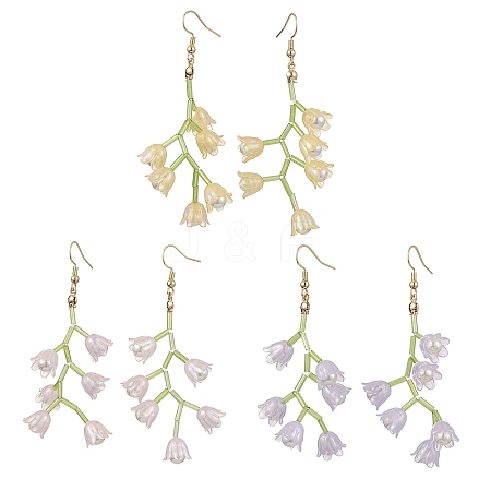 3 Pairs 3 Colors Shell Pearl Beads & Imitation Jelly Acrylic Flower Dangle Earrings EJEW-TA00579-1