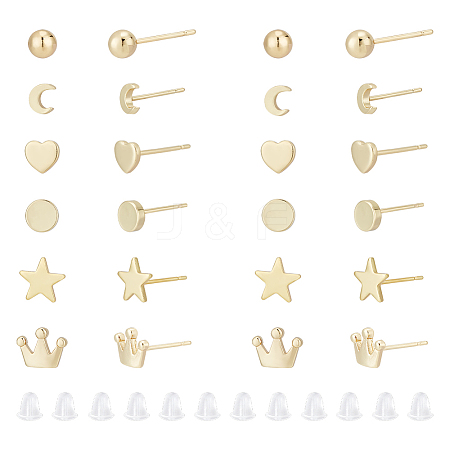 AHADERMAKER 12 Pairs 6 Style Tiny Ball & Crown & Heart & Moon & Star Brass Stud Earrings for Women KK-GA0001-50-1