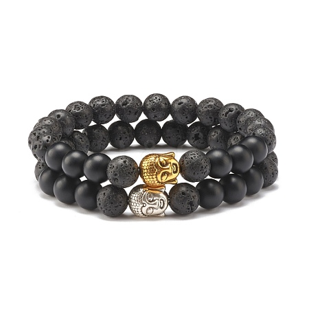 2Pcs 2 Color Natural Lava Rock & Synthetic Black Stone Stretch Bracelets Set with Buddha Head BJEW-JB07707-1