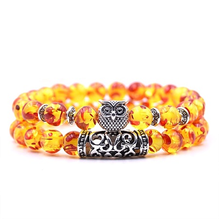 Natural Others Stretch Bracelets Set with Alloy Owl Beaded ANIM-PW0003-027I-1