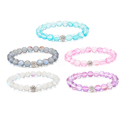 Synthetic Moonstone Round Beaded Stretch Bracelet with Rhinestone BJEW-JB07875-1