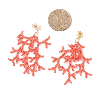 Star with Coral Handmade Glass Seed Beads Tassel Stud Earrings EJEW-MZ00472-1