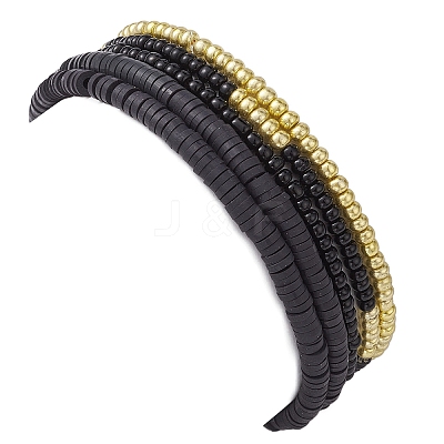 5Pcs 5 Style Polymer Clay Disc & Synthetic Hematite & Seed Beaded Stretch Bracelets Set BJEW-JB09685-02-1