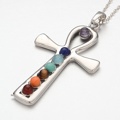 Platinum Plated Vintage Chakra Jewelry Brass Gemstone Cross Pendant Necklaces NJEW-JN01155-02-1