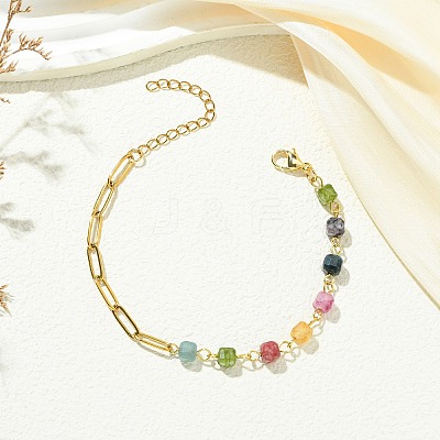 Cube Natural Tourmaline Beads Link Bracelets BJEW-JB13903-01-1