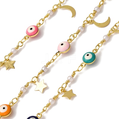 Brass Evil Eye Link Chains KK-D422-02G-1