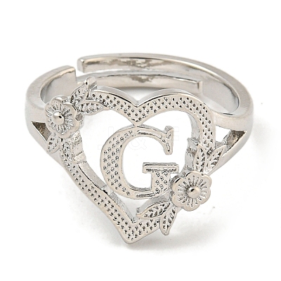 Heart with Letter & Flower Rack Plating Brass Adjustable Rings for Women RJEW-I105-05P-G-1