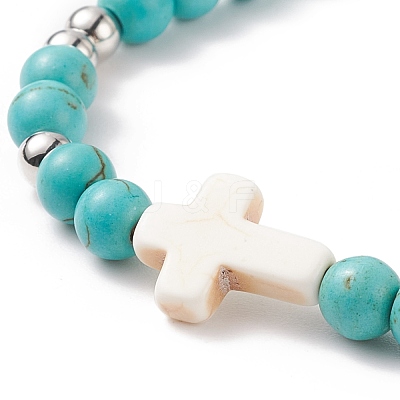 Synthetic Turquoise(Dyed) Braided Bead Bracelet with Synthetic Magnesite Cross BJEW-TA00146-02-1
