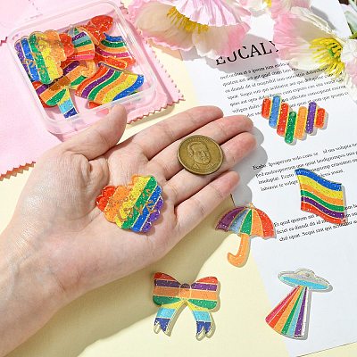 14Pcs 7 Shapes Rainbow Style Printed Acrylic Glitter Powder Pendants OACR-CJ0001-93-1