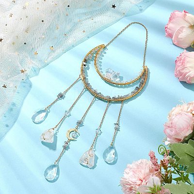 Nuggets Natural Quartz Crystal & Labradorite Chip & Brass Moon Hanging Ornaments HJEW-JM02566-1