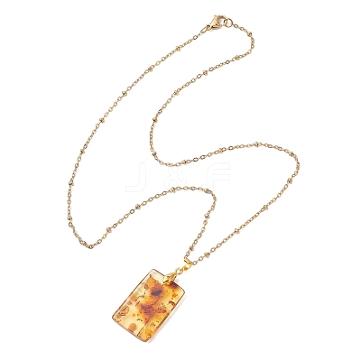 Natural Amber Rectangle Pendant 304 Stainless Steel Cable Chain Necklaces NJEW-JN05981-02-1