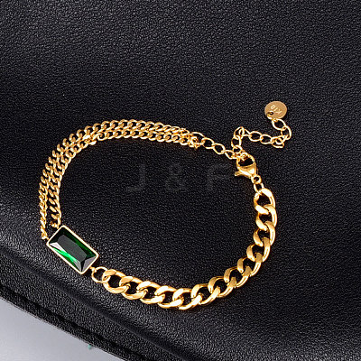 Cubic Zirconia Rectangle Link Bracelet with 304 Stainless Steel Curb Chains BJEW-Z015-01G-1