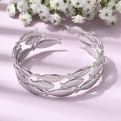 Fish 304 Stainless Steel Cuff Bangles for Women BJEW-A155-02P-1