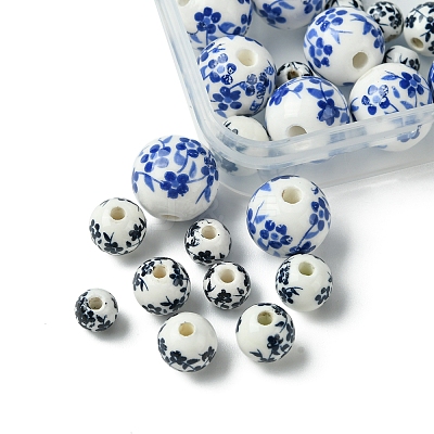 30Pcs 3 Styles Floral Printed Porcelain Beads PORC-FS0001-05-1