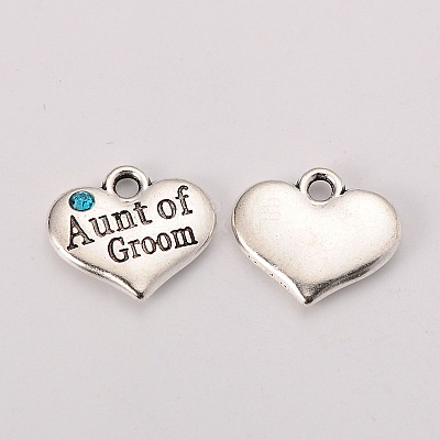 Antique Silver Tone Tibetan Style Heart with Aunt of Groom Rhinestone Charms X-TIBEP-N005-01A-1