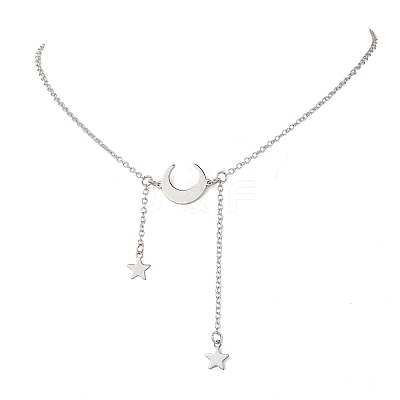 201 Stainless Steel Moon and Star Pendant Brass Cable Chain Necklaces NJEW-JN05787-1