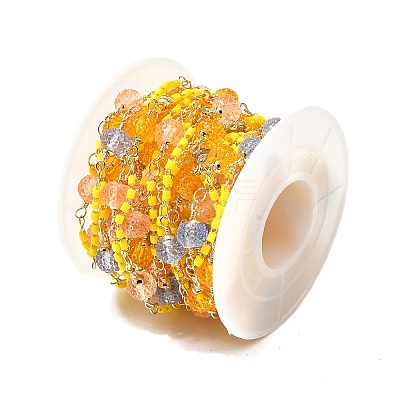 Brass Hexagonal Column Glass Seaded Beaded & Resin Round Beaded Link Chains CHC-G026-01H-1