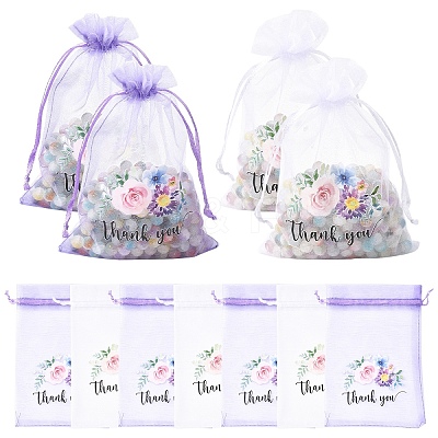 20Pcs Thank You Flower Printed Organza Drawstring Bags OP-YW0001-04A-1