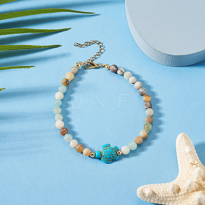 Ocean Dyed Synthetic Turquoise Turtle & Natural Flower Amazonite Round Beaded Anklets AJEW-TA00062-1