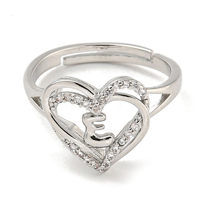 Heart with Letter Rack Plating Brass Micro Pave Clear Cubic Zirconia Adjustable Rings for Women RJEW-I105-01P-E-1