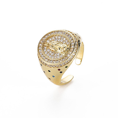 Colorful Cubic Zirconia Flat Round with Jesus Wide Band Cuff Ring RJEW-N035-081-NF-1