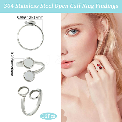 16Pcs 304 Stainless Steel Open Cuff Ring Findings STAS-BBC0008-18-1